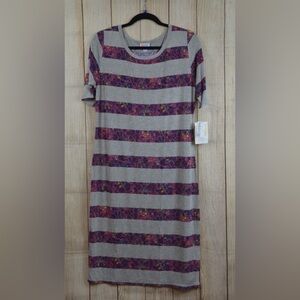 LuLaRoe Julia Floral Striped Midi Dress in Purple and Gray
